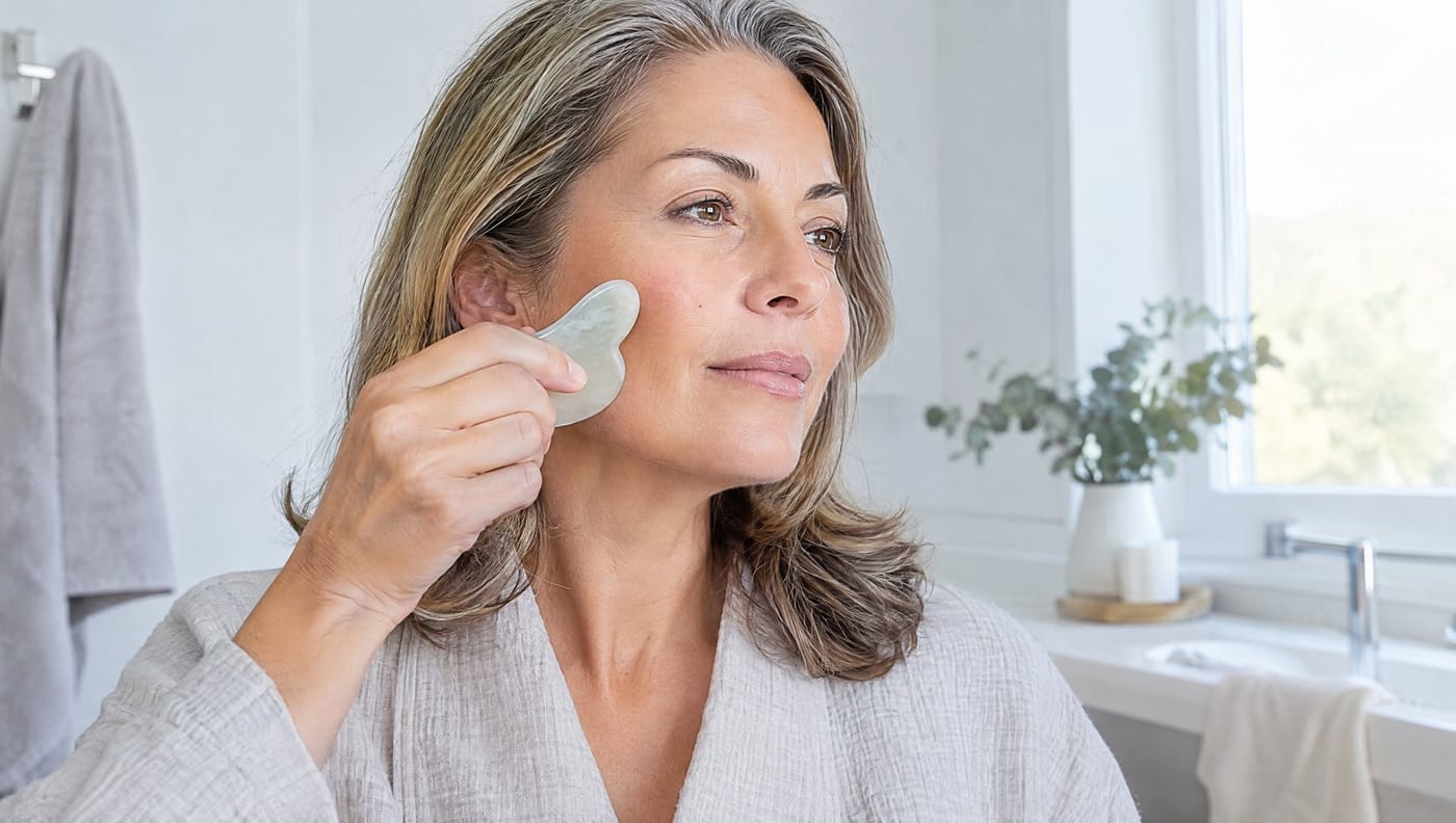 Frau um 50 zieht einen Gua-Sha-Stein über die Wange, helles Badezimmer, ruhige Stimmung