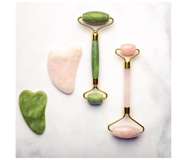 Therastar Roller und Gua-Sha-Stein in Rosenquarz und Jade