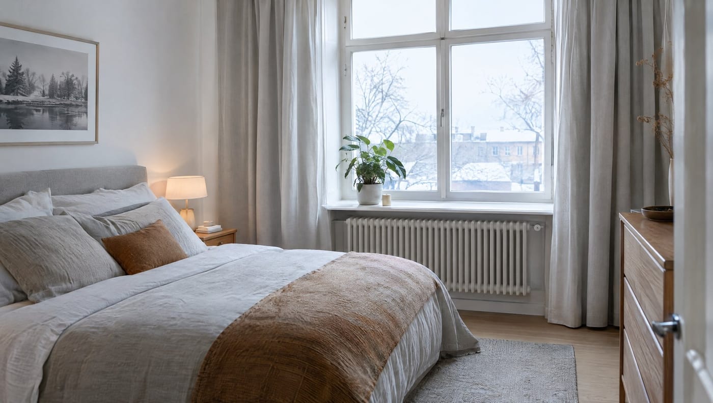 Ruhiges Schlafzimmer mit Heizkörper unter dem Fenster, draußen Winterlicht, Pflanze auf der Fensterbank
