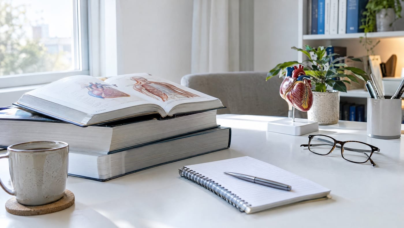 Heller Schreibtisch mit dermatologischen Fachbüchern, Notizblock und Brille, ohne Personen