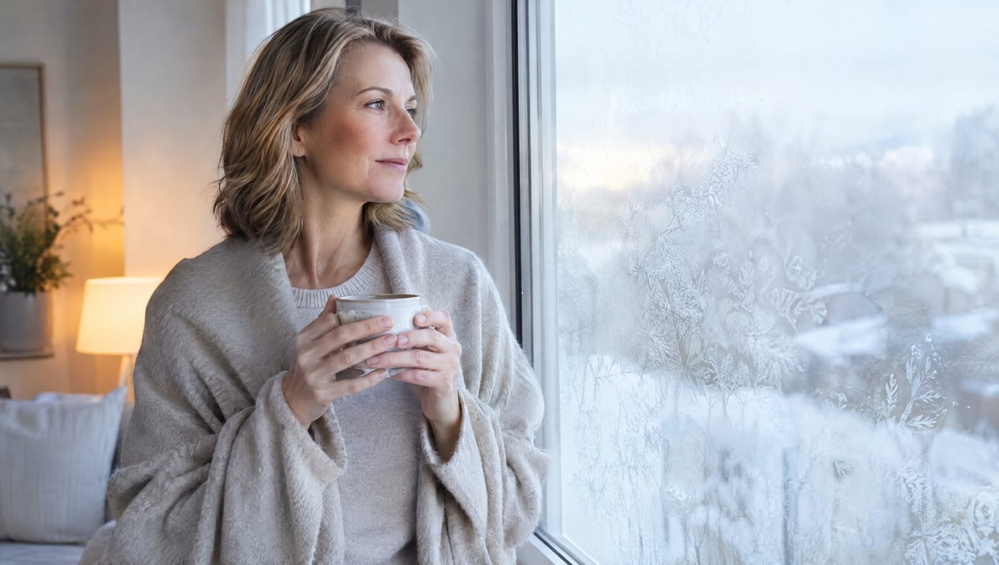 Frau mittleren Alters am Fenster mit Teetasse, draußen Raureif, warmes Innenlicht